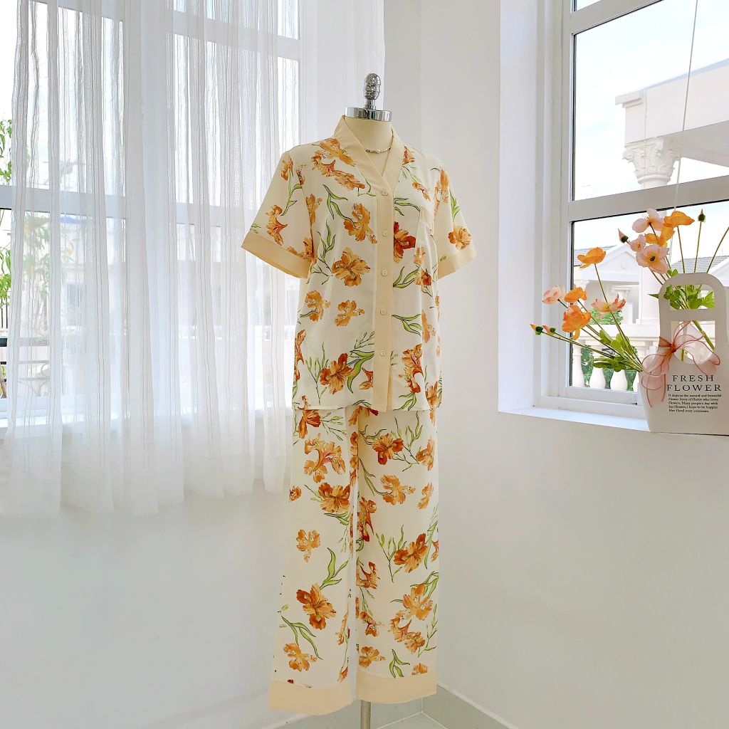 Đồ bộ mặc nhà, đồ ngủ, Pijama nữ Lụa TNQD Satino cổ Y - Mira Cream