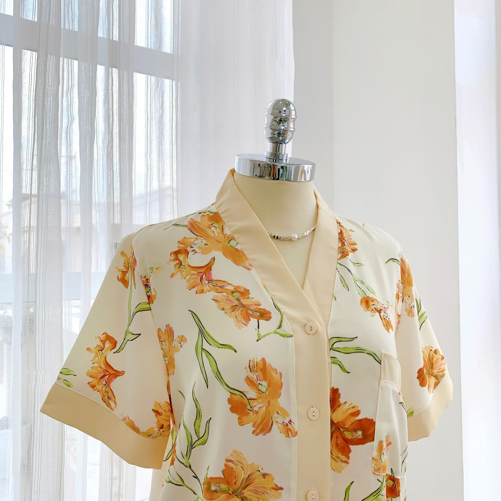 Đồ bộ mặc nhà, đồ ngủ, Pijama nữ Lụa TNQD Satino cổ Y - Mira Cream