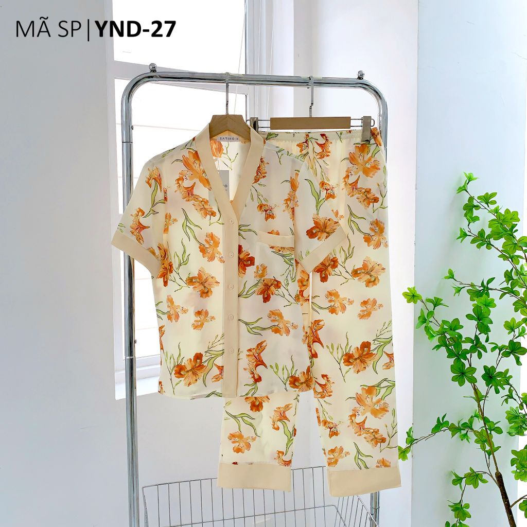 Đồ bộ mặc nhà, đồ ngủ, Pijama nữ Lụa TNQD Satino cổ Y - Mira Cream