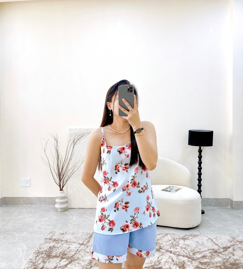 Đồ mặc nhà, đồ ngủ, Pijama nữ Lụa 2 dây Satino - Rose Blue Gray