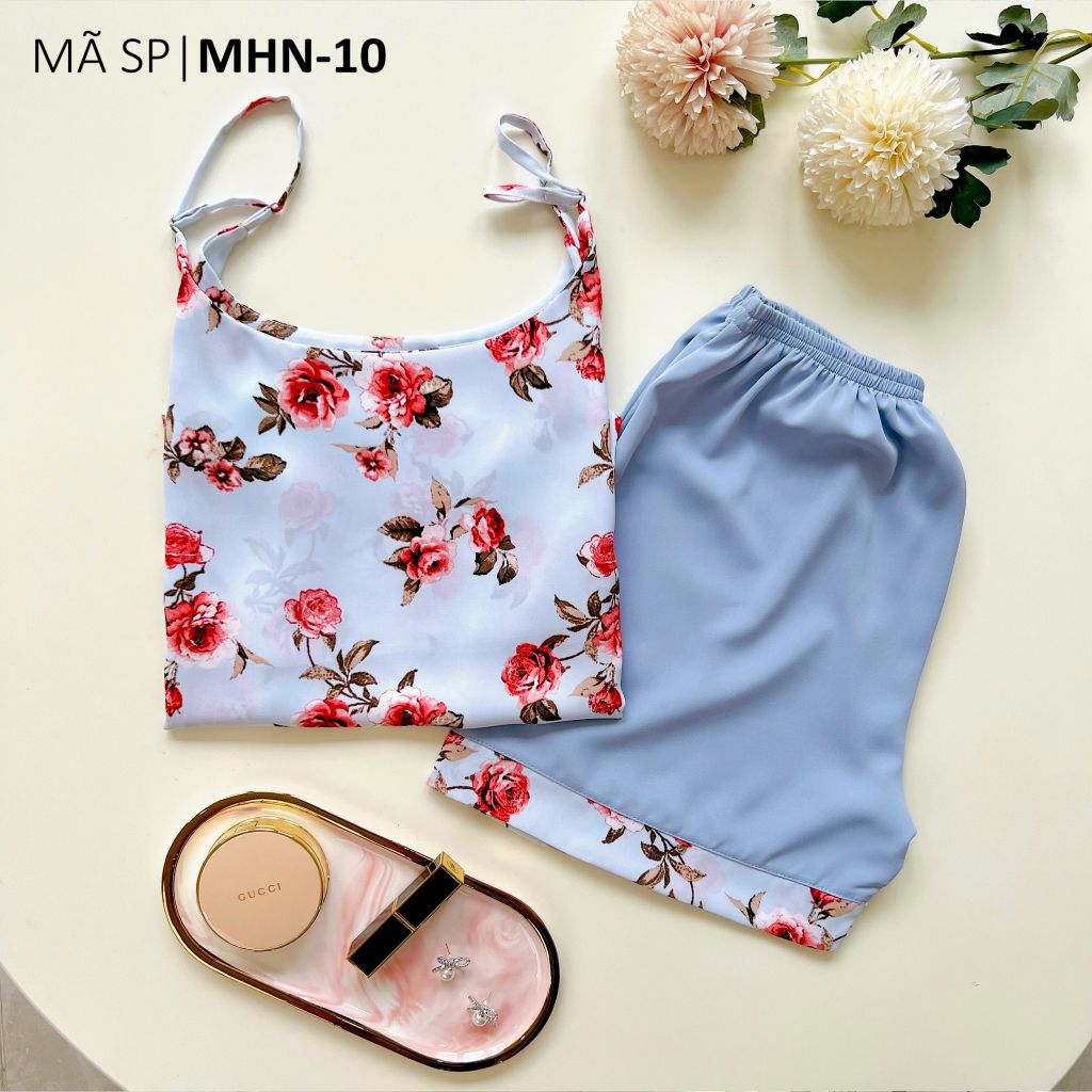 Đồ mặc nhà, đồ ngủ, Pijama nữ Lụa 2 dây Satino - Rose Blue Gray