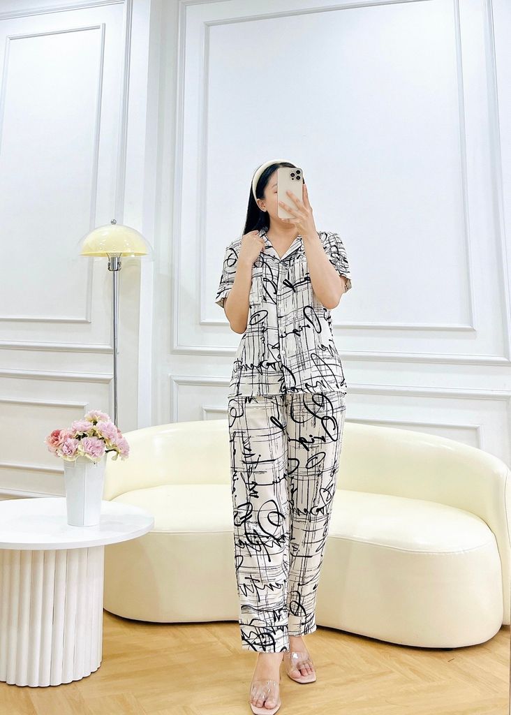 Đồ pijama nữ lụa mango TNQD Satino cổ nhọn - Harvey White