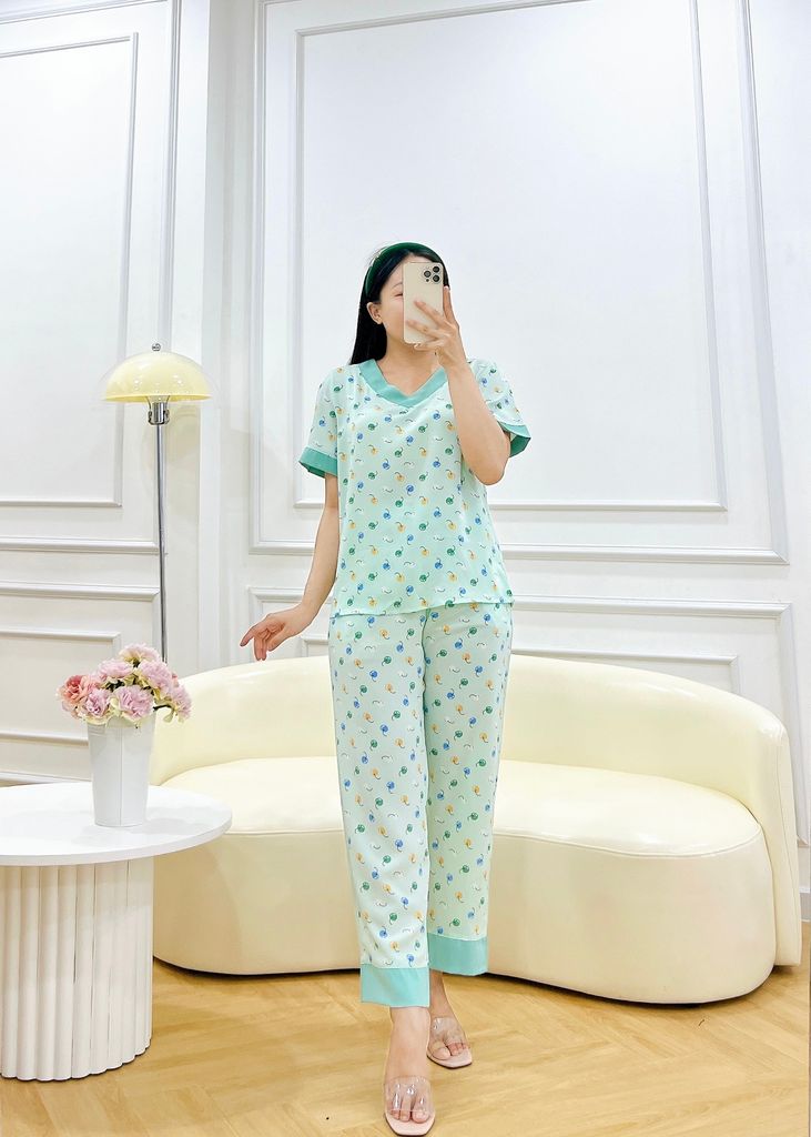 Đồ bộ mặc nhà nữ lụa mango TNQD cổ tim Satino - T-Cherry Mint