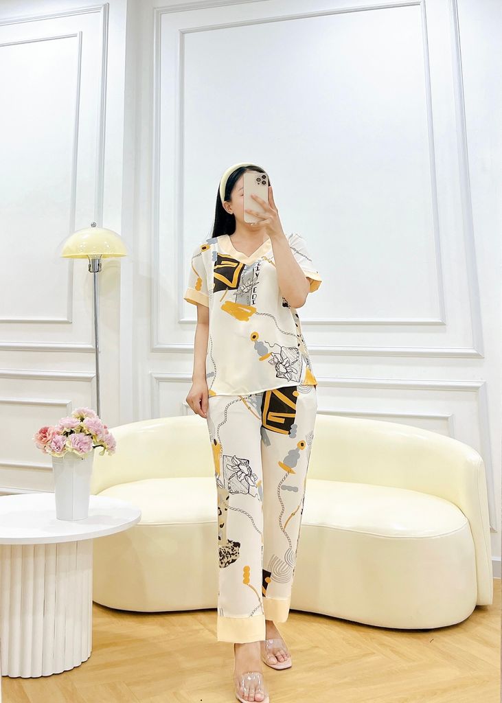 Đồ bộ mặc nhà nữ lụa mango TNQD cổ tim Satino - T-Bina Cream
