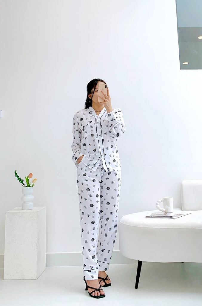 Đồ bộ mặc nhà, đồ ngủ, Pijama nữ Lụa TDQD Satino cổ Y - Donie Black