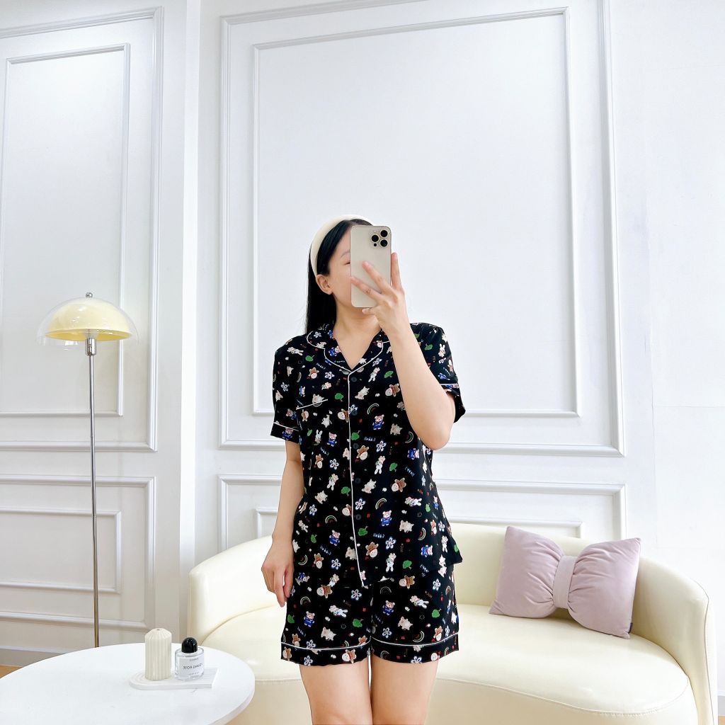 Pijama lụa mango mềm mại, không nhăn Satino TNQN - Jingle Black