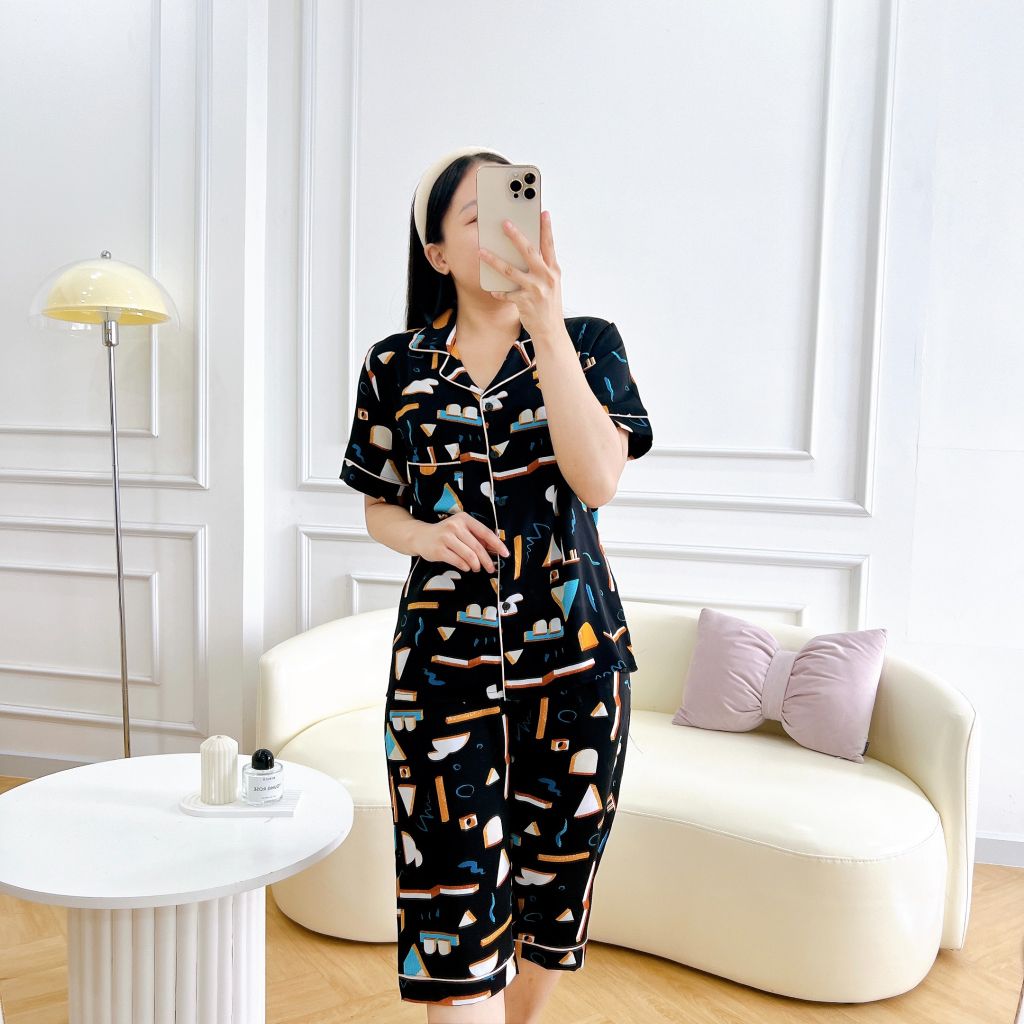 Pijama lụa mango mềm mại, không nhăn Satino TNQL cổ nhọn - Ivy Black