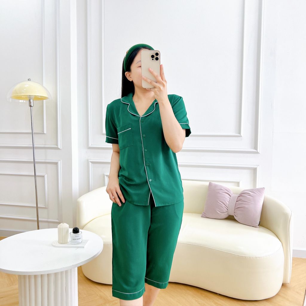 Đồ bộ mặc nhà, đồ ngủ, Pijama nữ Lụa TNQL Satino màu trơn - Dark Green
