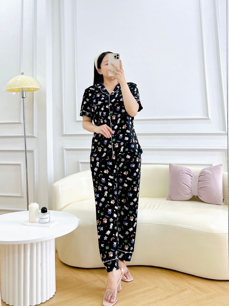 Pijama lụa mango mềm mại, không nhăn Satino TNQD - Jingle Black