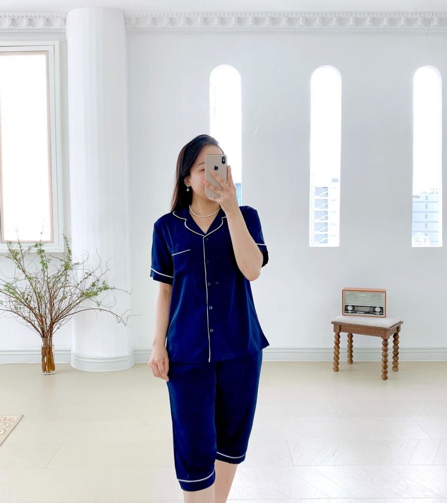 Đồ bộ mặc nhà, đồ ngủ, Pijama nữ Lụa màu trơn TNQL Satino - Dark Blue
