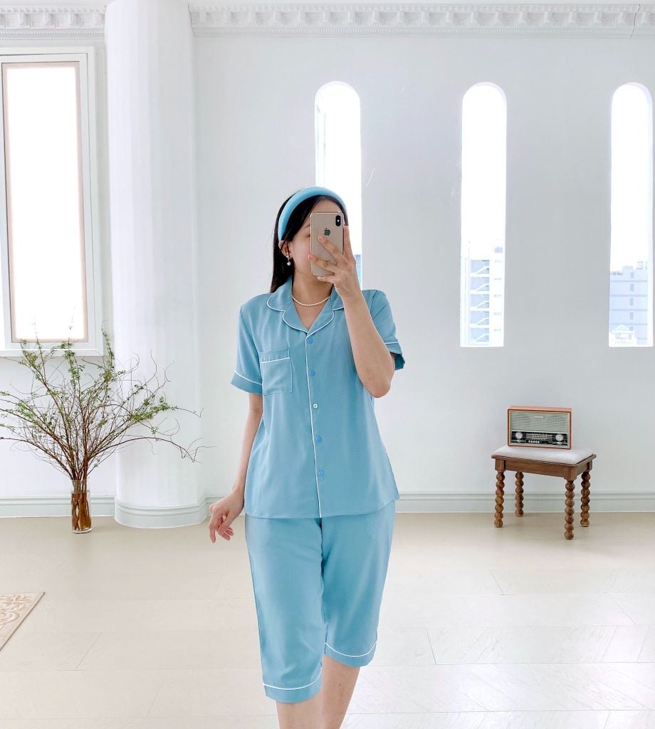 Đồ bộ mặc nhà, đồ ngủ, Pijama nữ Lụa màu trơn TNQL Satino - Blue