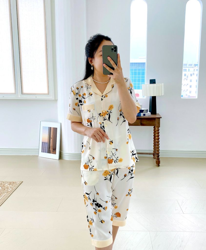 Đồ bộ mặc nhà, đồ ngủ, Pijama nữ Lụa TNQL Satino - Grace Cream