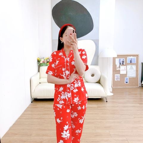 Đồ bộ mặc nhà, đồ ngủ, Pijama nữ Lụa TNQD Cổ Y Satino - Flossy Red