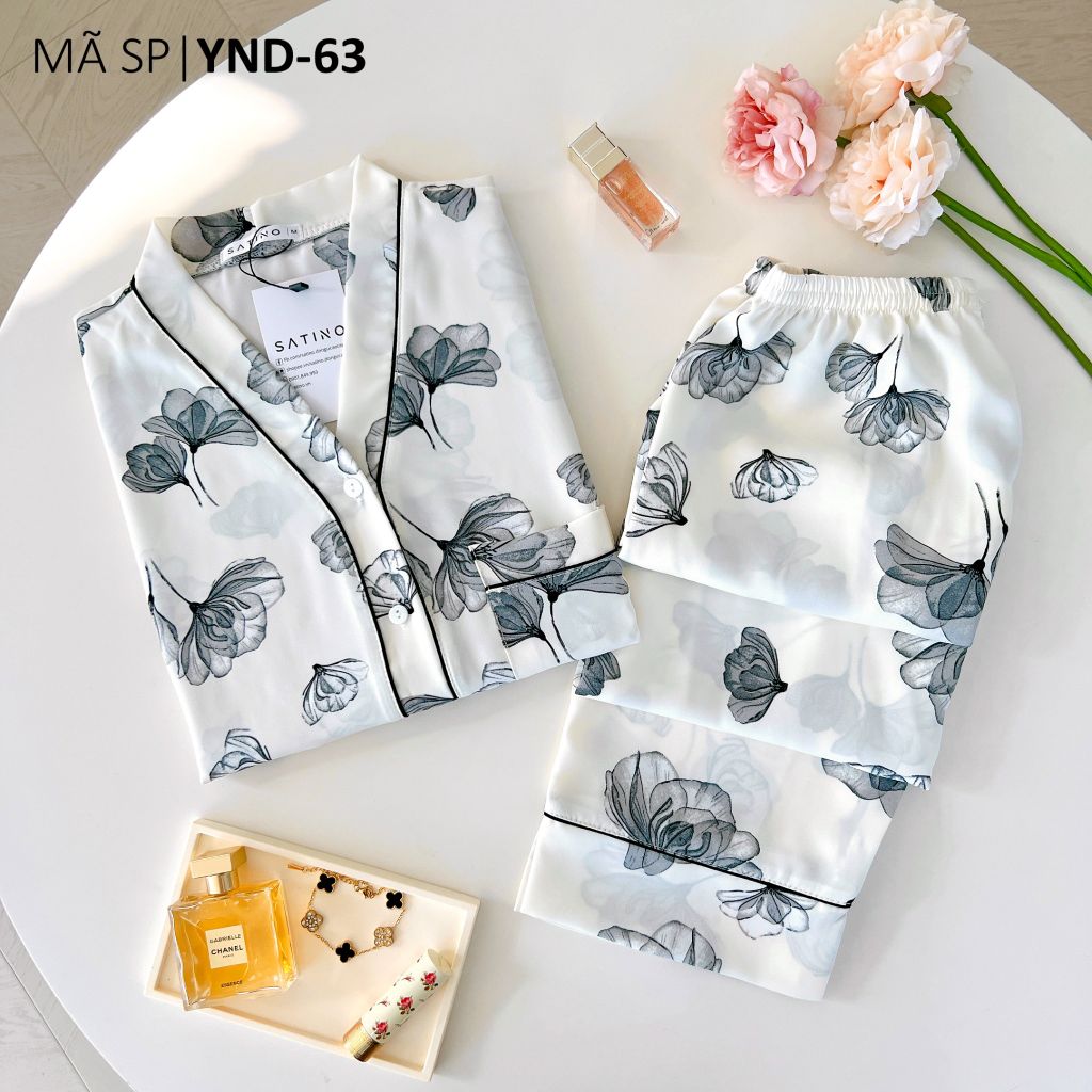 Pijama lụa mango mềm mại, không nhăn Satino TNQD cổ Y - Della White