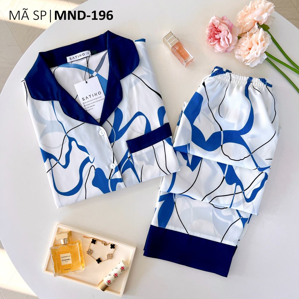 Pijama lụa mango mềm mại, không nhăn Satino TNQD - Wavy Dark Blue