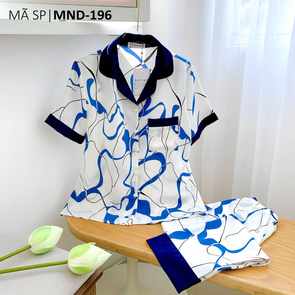 Pijama lụa mango mềm mại, không nhăn Satino TNQD - Wavy Dark Blue