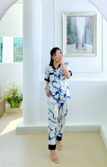 Pijama lụa mango mềm mại, không nhăn Satino TNQD - Wavy Dark Blue