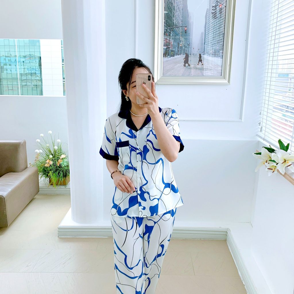 Pijama lụa mango mềm mại, không nhăn Satino TNQD - Wavy Dark Blue