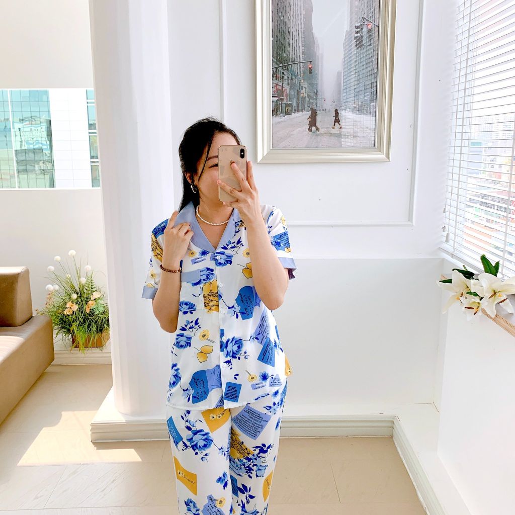 Pijama lụa mango mềm mại, không nhăn Satino TNQD - Monie Blue Gray