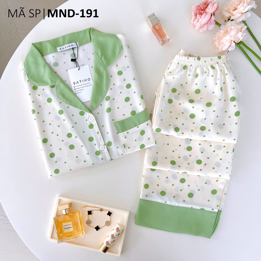 Pijama lụa mango mềm mại, không nhăn Satino TNQD - Polka Green