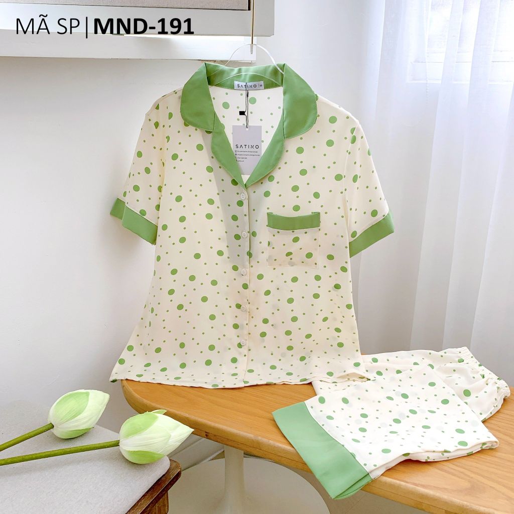 Pijama lụa mango mềm mại, không nhăn Satino TNQD - Polka Green