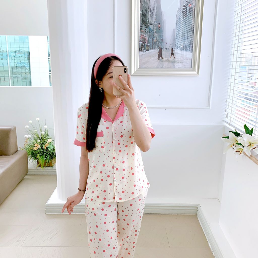 Pijama lụa mango mềm mại, không nhăn Satino TNQD - Polka Pink