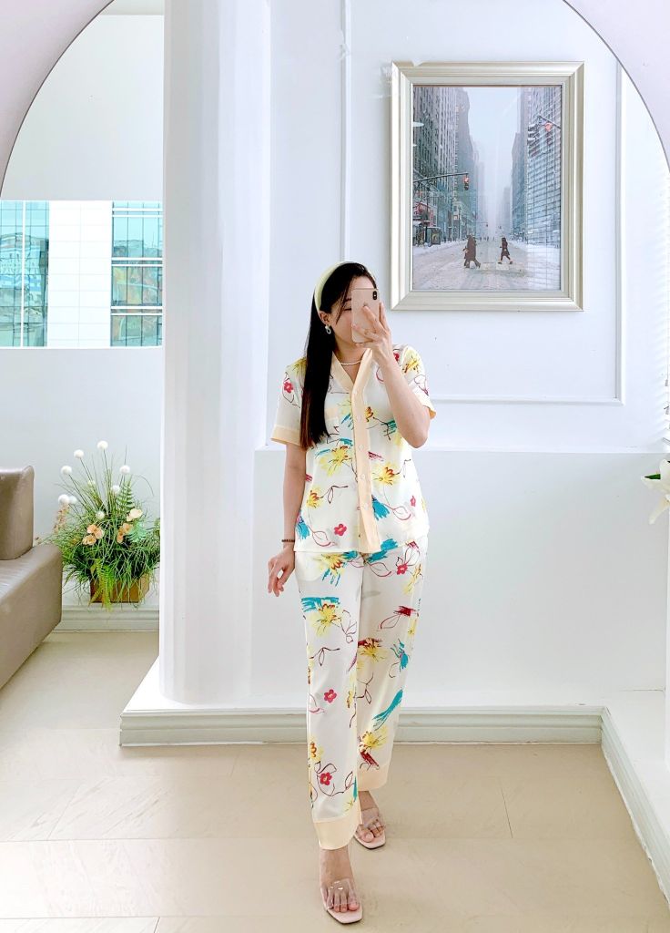 Pijama lụa mango mềm mại, không nhăn Satino TNQD cổ Y - Maysi Cream