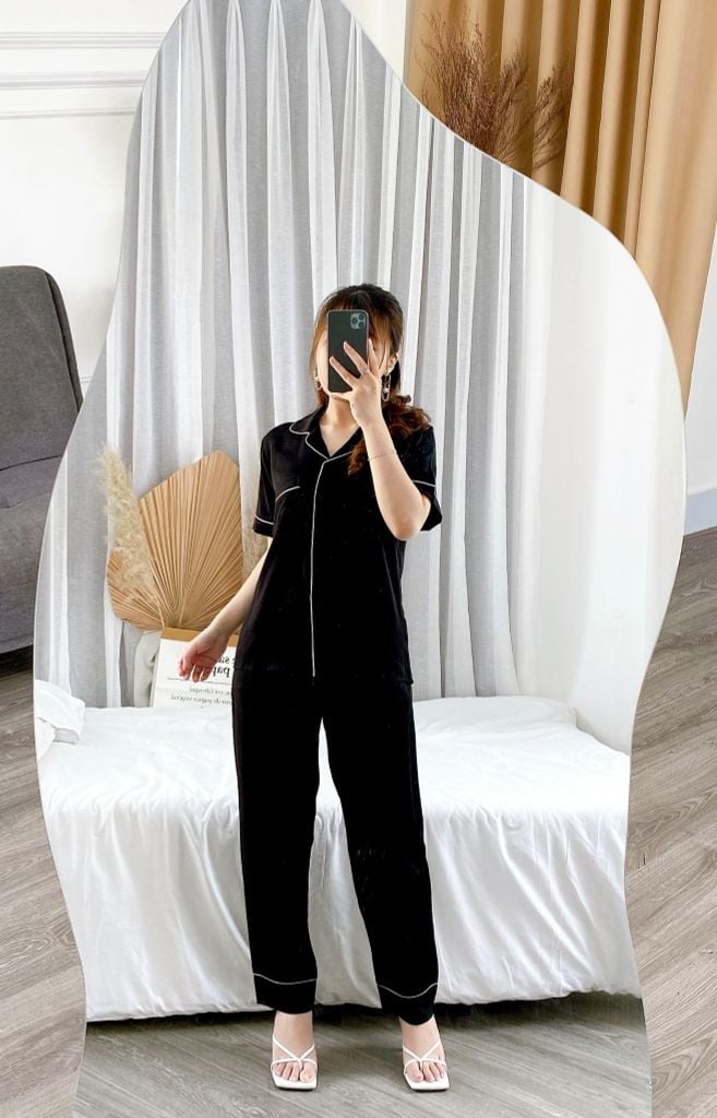 Đồ bộ mặc nhà, đồ ngủ, Pijama nữ Lụa màu trơn TNQD Satino - Black