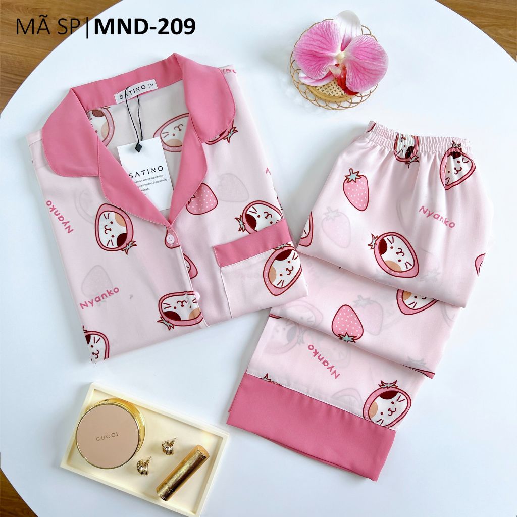 Pijama lụa mango mềm mại, không nhăn Satino TNQD - Neko Pink