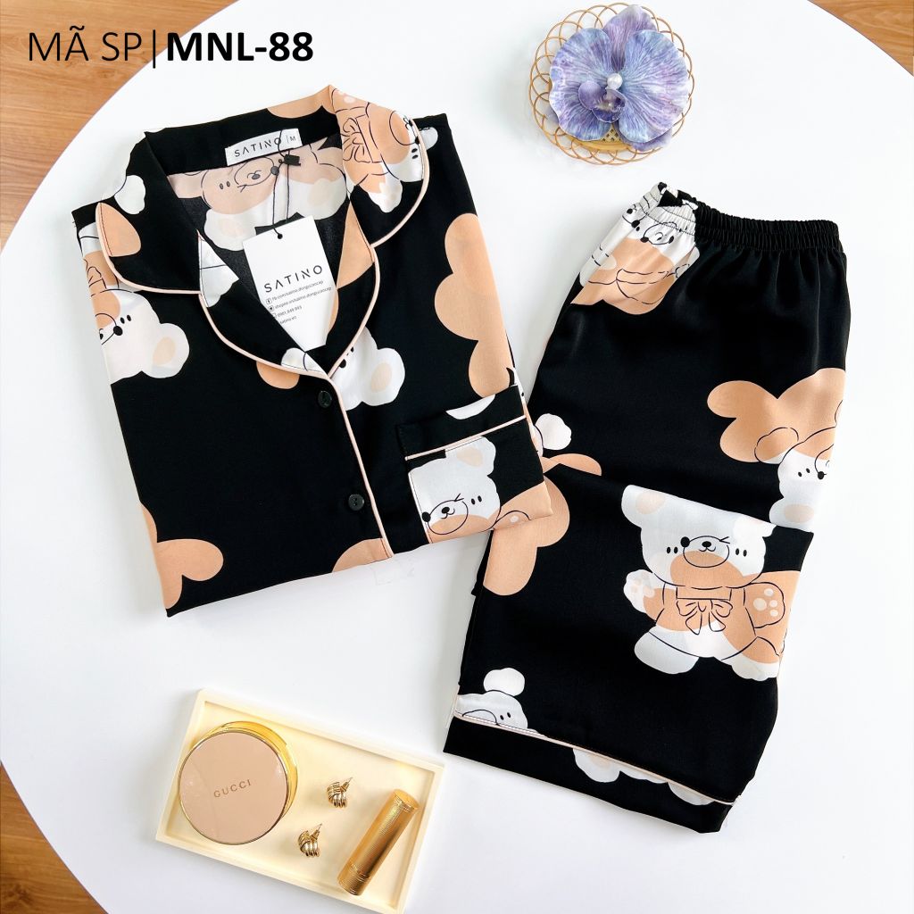 Pijama lụa mango mềm mại, không nhăn Satino TNQL - Chemi Black