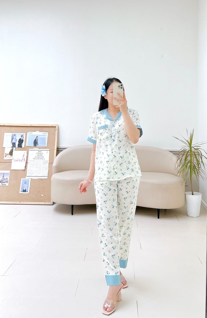 Pijama lụa mango mềm mại, không nhăn Satino TNQD - Cami Blue