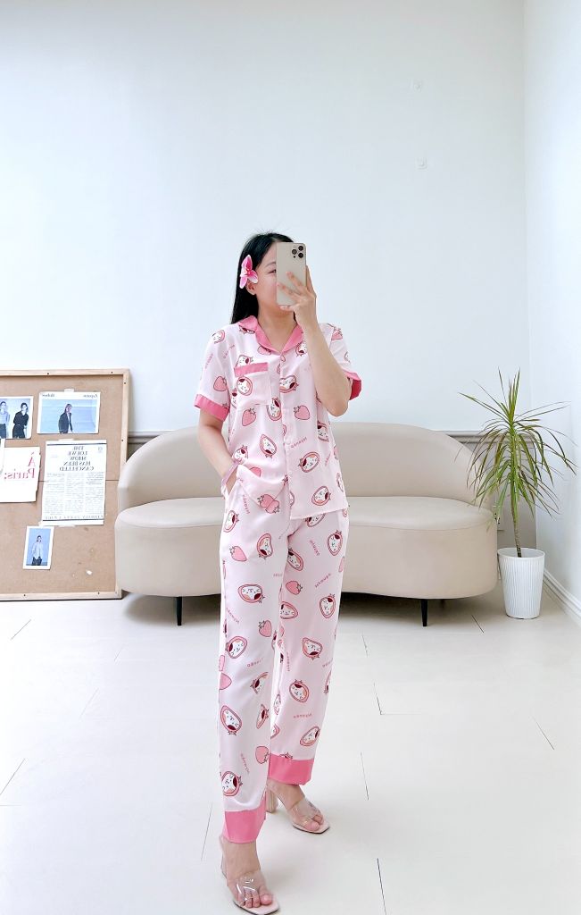 Pijama lụa mango mềm mại, không nhăn Satino TNQD - Neko Pink