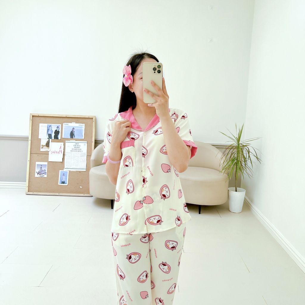 Pijama lụa mango mềm mại, không nhăn Satino TNQD - Neko Cream