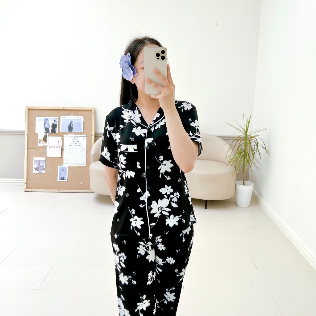 Pijama lụa mango mềm mại, không nhăn Satino TNQD - Flossy Black