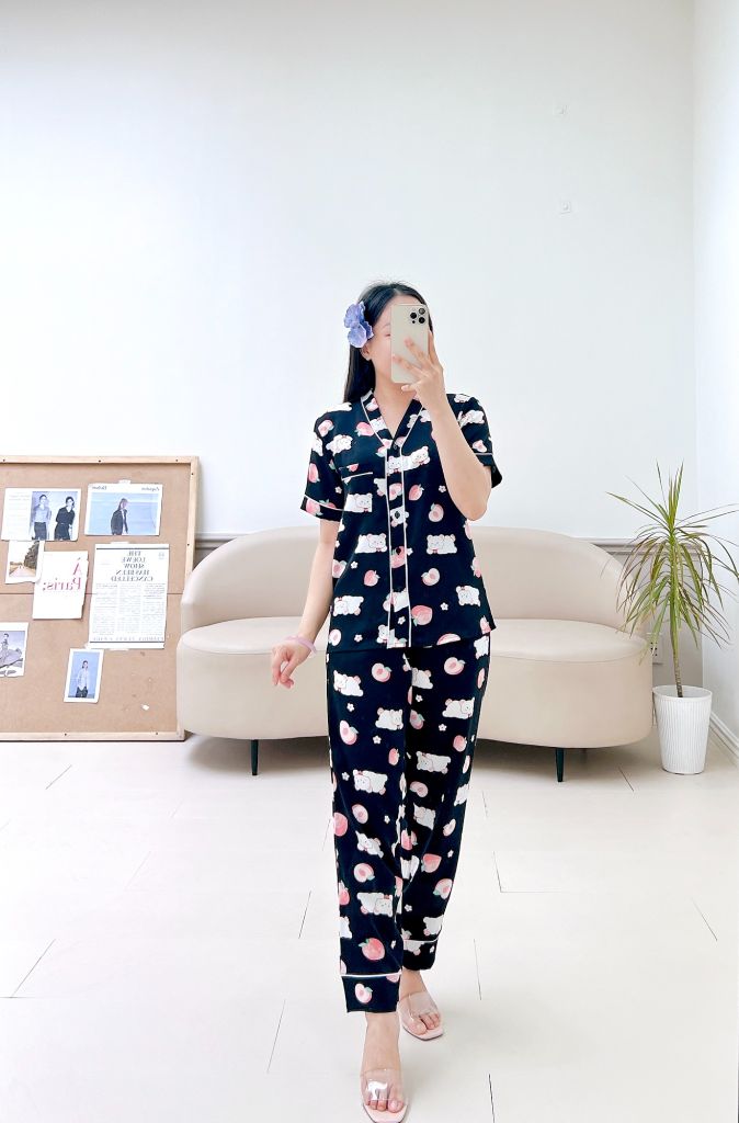 Pijama lụa mango mềm mại, không nhăn Satino TNQD cổ Y - Peaches Black