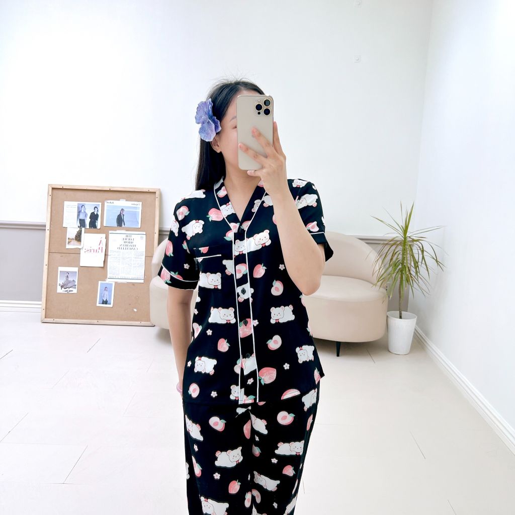 Pijama lụa mango mềm mại, không nhăn Satino TNQD cổ Y - Peaches Black