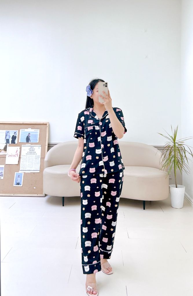 Pijama lụa mango mềm mại, không nhăn Satino TNQD - Mochi Black