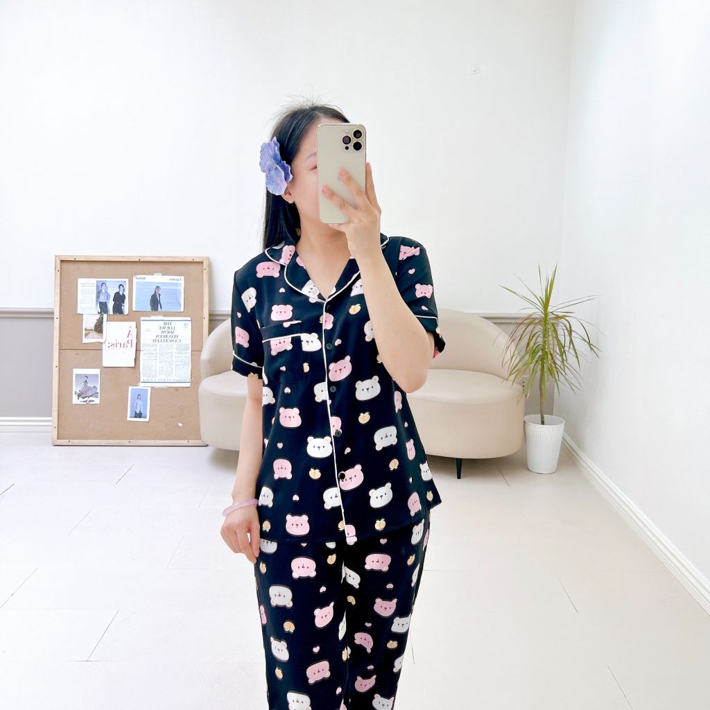 Pijama lụa mango mềm mại, không nhăn Satino TNQD - Mochi Black