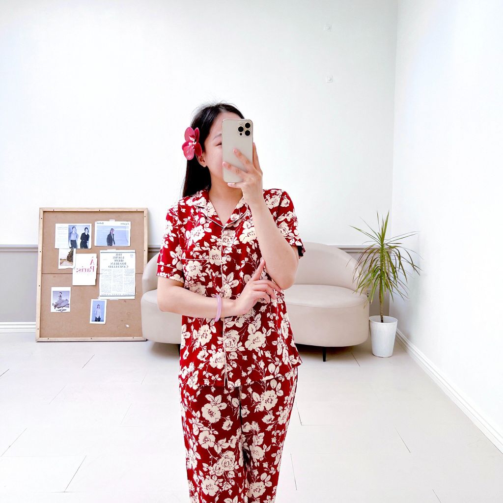 Pijama lụa mango mềm mại, không nhăn Satino TNQD - Giva Red