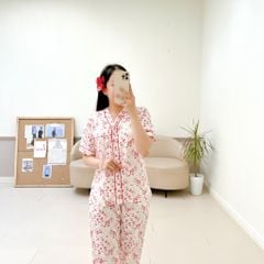 Đồ bộ mặc nhà, đồ ngủ, Pijama nữ Lụa TNQD Cổ Y Satino - Y-Maison Red
