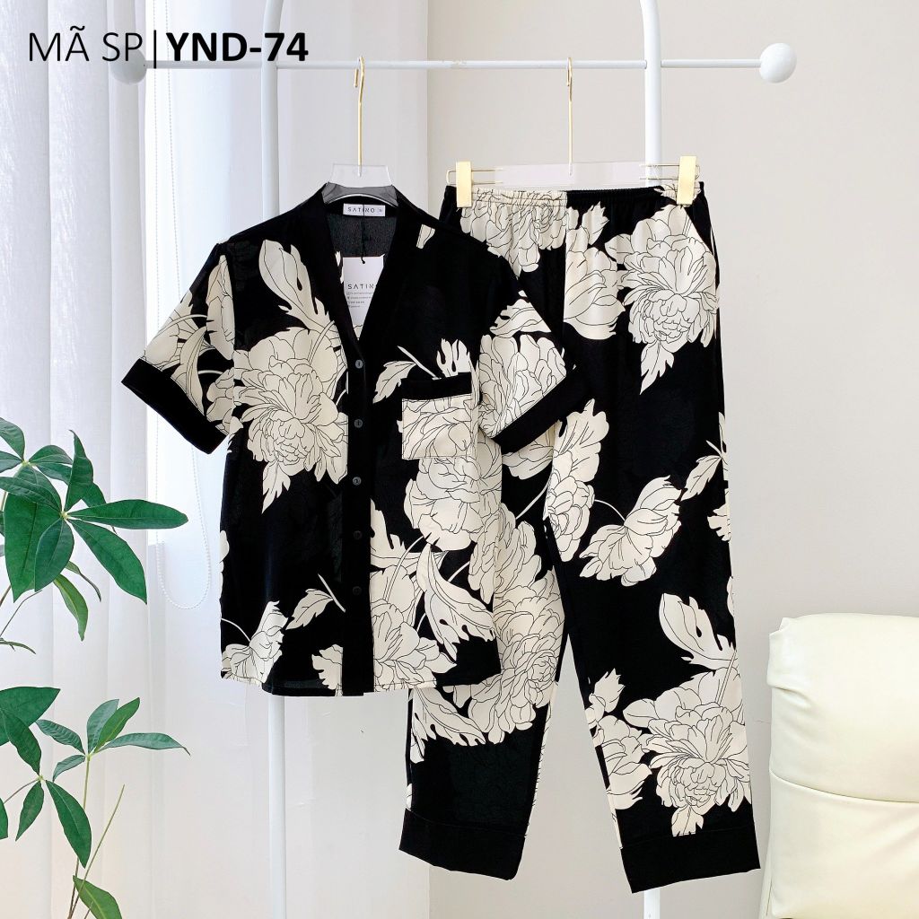 Pijama lụa mango mềm mại, không nhăn Satino TNQD cổ Y- Merzy Black