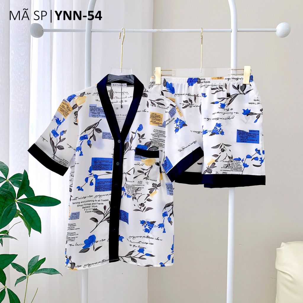 Pijama lụa mango mềm mại, không nhăn Satino TNQN cổ Y - Wendie Dark Blue