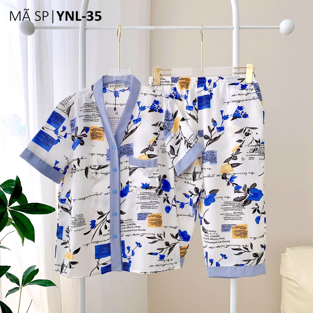Pijama lụa mango mềm mại, không nhăn Satino TNQL cổ Y - Wendie Blue Gray
