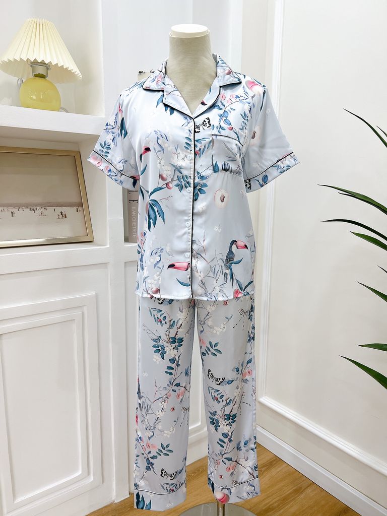 Pijama Lụa latin mềm mại, sang trọng Satino TNQD - Parrot Blue Gray