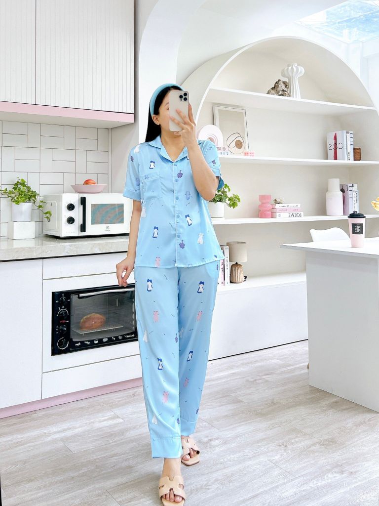 Pijama Lụa latin mềm mại, sang trọng Satino TNQD - Kitty Blue