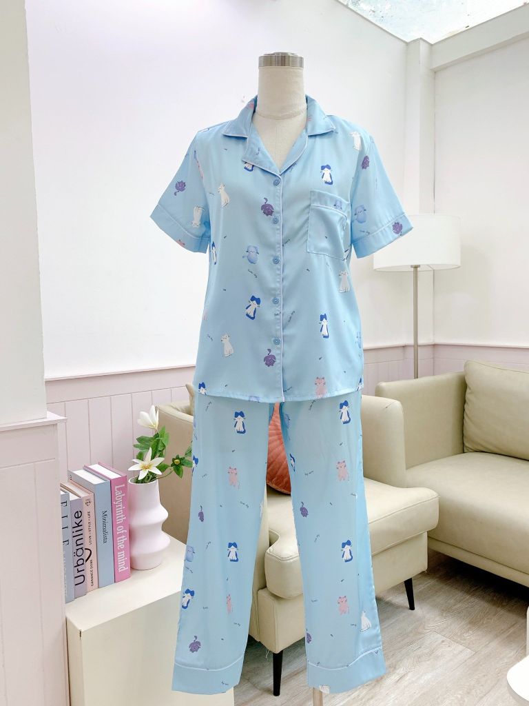 Pijama Lụa latin mềm mại, sang trọng Satino TNQD - Kitty Blue