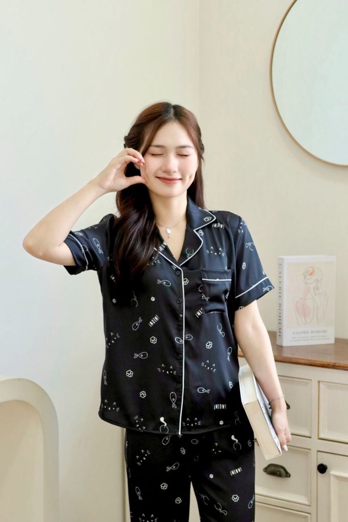 Pijama Lụa latin mềm mại, sang trọng Satino TNQD - Meow Black