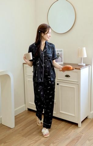 Pijama Lụa latin mềm mại, sang trọng Satino TNQD - Meow Black