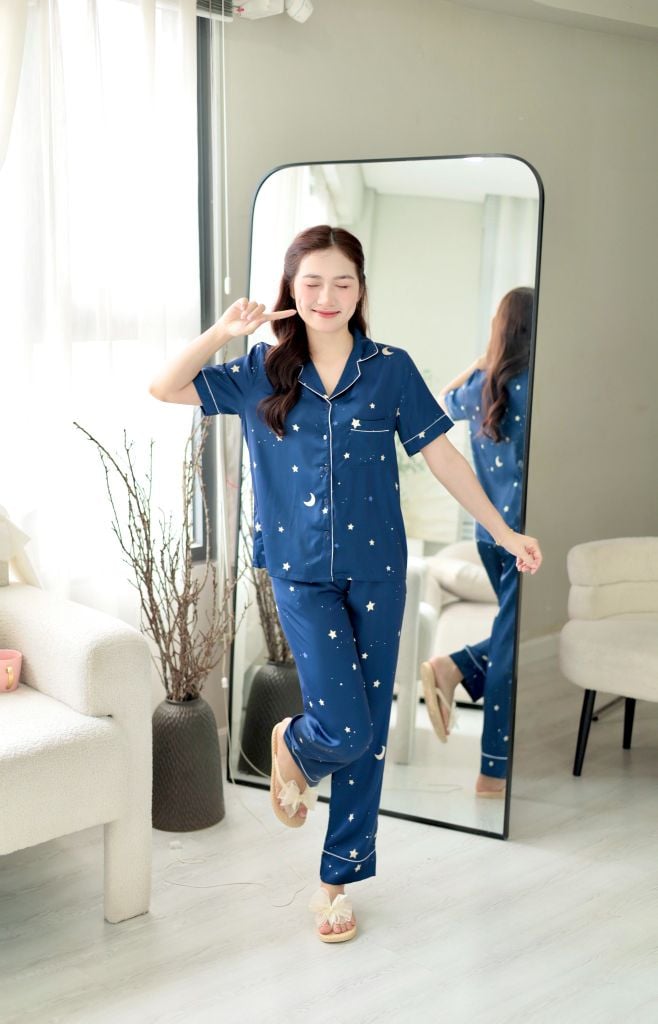 Pijama Lụa latin mềm mại Satino TNQD - Star Dark Blue