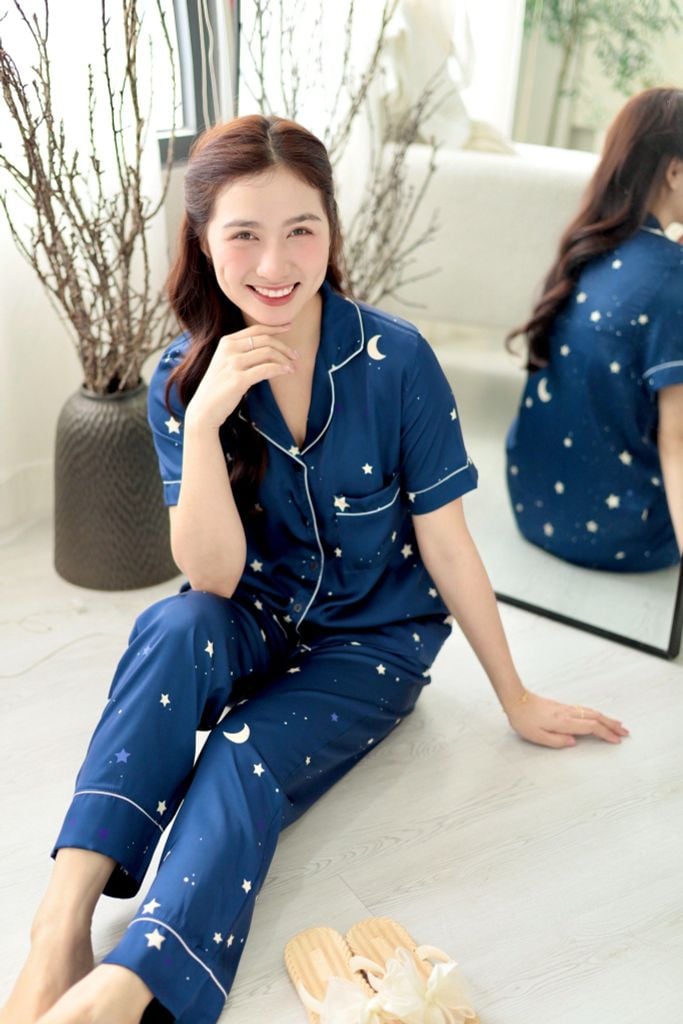 Pijama Lụa latin mềm mại Satino TNQD - Star Dark Blue